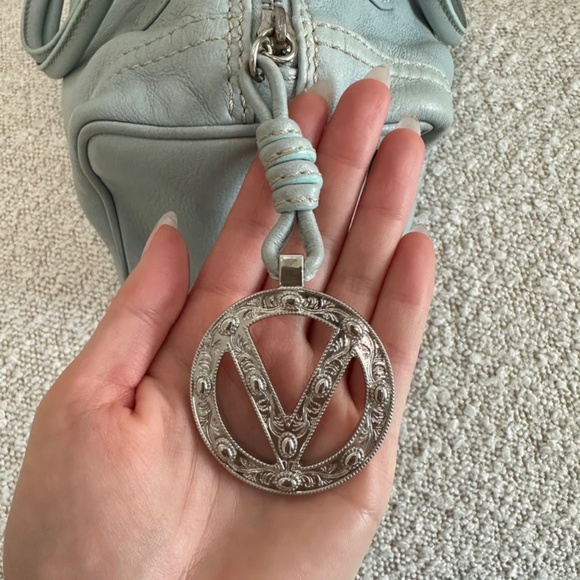 Authentic Valentino Leather Aqua Blue V Motif Metal Bag - Picture 15 of 16